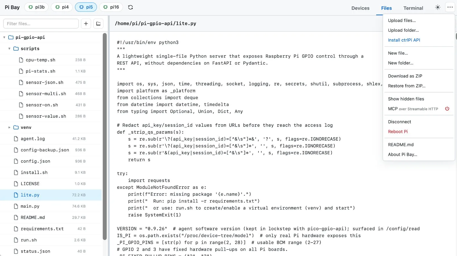 Pi Bay with several Raspberry Pis connected, browsing the pi-gpio-api folder on pi5 with lite.py open and the file and device actions menu